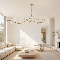 Lustre Jingshi Lighting en forme de branche d'arbre dorée, avec des boules de verre laiteux denses sur un tige métallique courbée, lumière de plafond pour la maison au éclat chaleureux