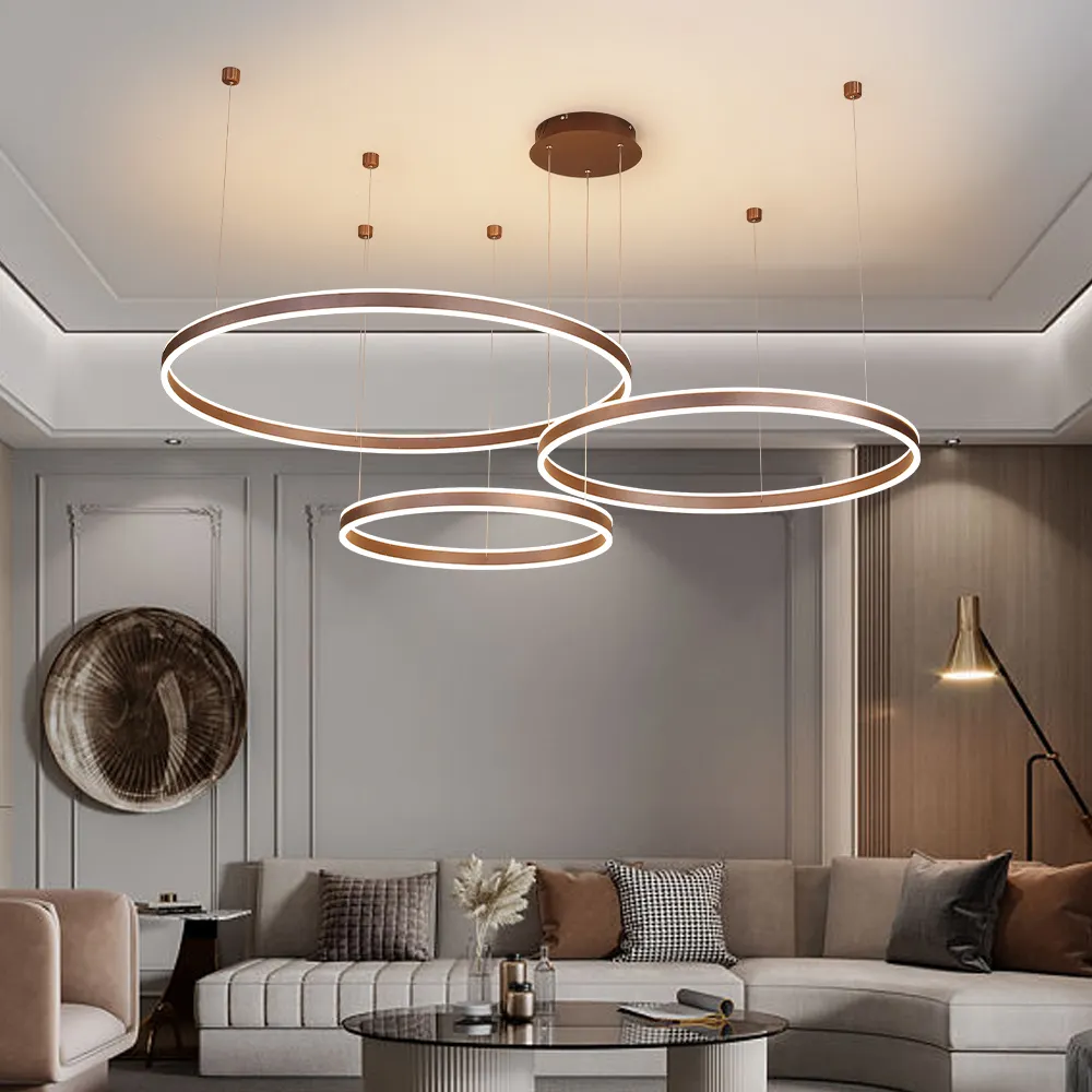 Hot Selling Modern Indoor Living Room Light New Design Painted Brown 3 Rings Round LED Circle Chandelier