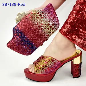 Popüler kırmızı nijerya çanta ve ayakkabı zarif yüksek topuk ayakkabı parti için çanta