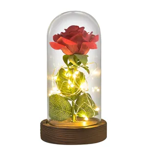 Rosa de flores artificiais novo design, atacado, rosas eternas preservadas com luzes led em domo de vidro para venda