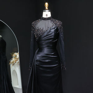 قال شارون SF344 فستان سهرة أسود كريستالي فاخر مع تنورة جانبية أكمام طويلة للنساء حفل زفاف رسمي - Product Image 3