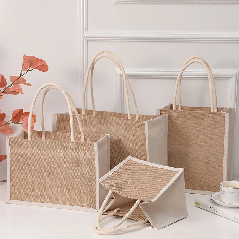 Natural Burlap Reusable Grocery Shopping Bridesmaid Online Wholesale Packing Tote Jute Bag