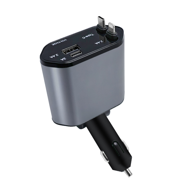USB C Port 4-in-1 Retractable 120W Electric Car Charger OTP/OVP LED Digital Display 2 Charging Ports PD 360 Rotation