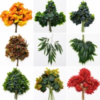 Set Ranting Daun Campuran Buatan Grosir Satu Lusin, Daun Ginkgo Oranye, Maple Merah, Daun Hijau untuk Dekorasi Acara Bunga