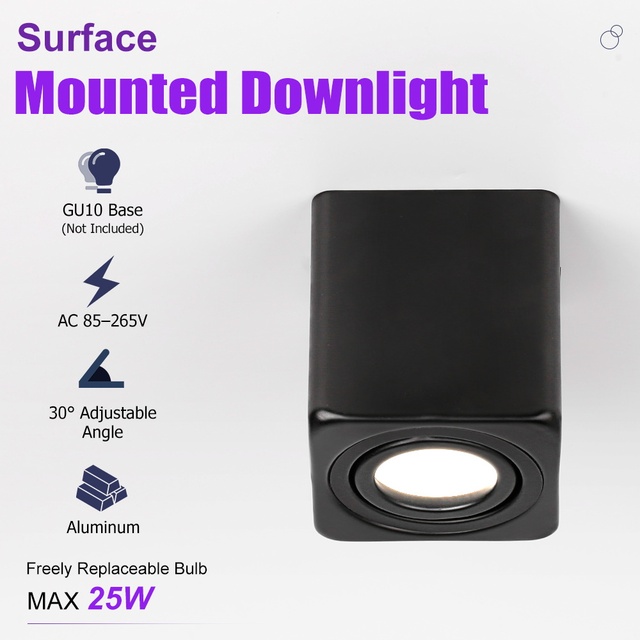 Square Aluminum LED Surface Mounted Downlight GU10 Base 30 Degree Adjustable Ceiling Spotlight for Living Room Bedroom Corridor