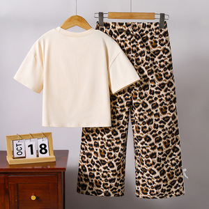 Vêtements pour adolescents de 8 à 12 ans, t-shirt à manches courtes à col rond avec nœud, pantalon large à imprimé léopard, ensemble de 2 pièces pour filles, vêtements d'été pour filles - Product Image 5
