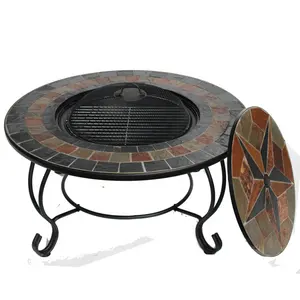 KingJoy Outdoor round black mosaic table fire pit Poker Included Wood Charcoal fuel winter heater BBQ grill table