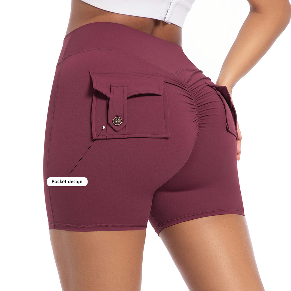 Wholesale High Waist Active Wear Butt Lift Button Women's Yoga Shorts With Back Pockets Sports Fitness Running Gym Shorts