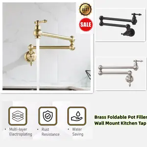 Pot Filler Tap Wall Mounted Kitchen Faucet Cold Water Sink Tap Rotate Folding Spout H59 Brass Brushed Gold Single Handle Modern