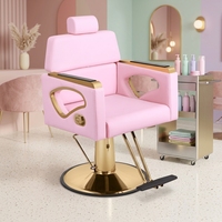 Fauteuil de Barbier Rose Instagrammable à Dossier Haut, Ergonomique, Hauteur Réglable, pour Salon de Coiffure, Luxe, Accoudoirs Dorés, Inclinable Hydraulique 360°