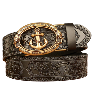 Cinturón Casual de Cuero Vacuno para Hombre con Hebilla Automática de Aleación y Patrón de Ancla, 3.8cm de Ancho, Estilo Occidental - Product Image 1