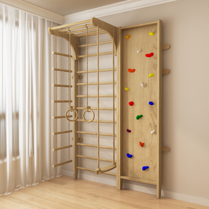 Mur d'escalade intérieur pour enfants avec échelle suédoise en bois, anneaux de gymnastique et toboggan pour aire de jeux, salle d'activités pour tout-petits - Product Image 5