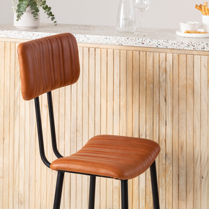 Modern Industrial Style Brown Leather Bar Chair with Strong Black Metal Frame and <b>Cushioned</b> Upholstered Seating for Home Bar - Product Image 3