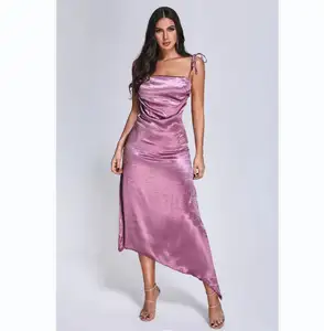 New Arrival Spaghetti Strap Purple Loose Asymmetrical Evening Dress Satin Silk Women Elegant Party Evening Dress