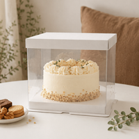 Boîte à gâteau transparente carrée de 8 pouces avec laminage mat, design minimaliste haut de gamme, écologique, couvercle en papier, prête à être expédiée