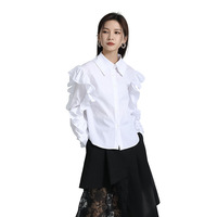 Kemeja Wanita Model Kerah Lipit Katun Gaya Desainer Baru, Elegan Putih dengan Lengan Ruffle dan Renda Kasual Musim Semi, Pasokan ODM