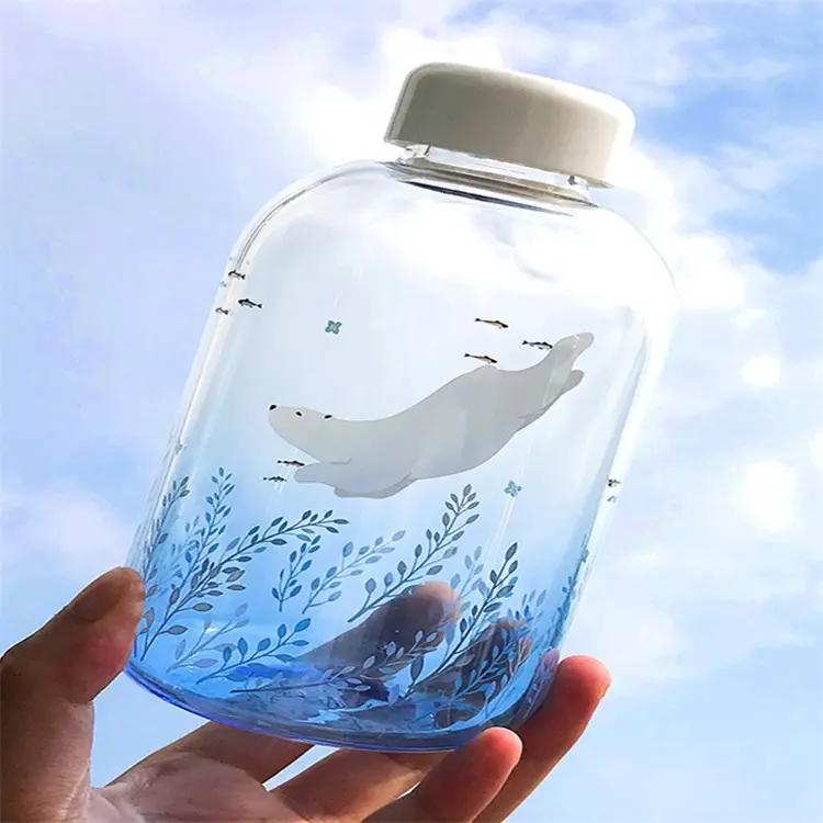 Koreli öğrenciler yaratıcı degrade okyanus cam taşınabilir büyük kapasiteli su şişesi mavi balina 600ml fincan