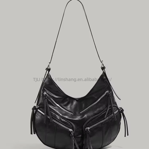 New Fashion Vintage Single <b>Strap</b> ZIP PU Leather Large Capacity Women's <b>Shoulder</b> Bag High Quality Chains Polyester Tanjing - Product Image 1