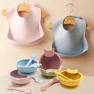 Wholesale BPA Free Toddlers and Infants silicone tableware set baby kids cutlery suction bowl spoon waterproof bib for children