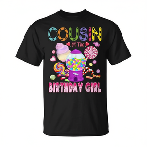 T-shirt Cousin Of The Birthday Girl Candyland pour adulte, unisexe, manches courtes, col rond, impression numérique, fête, réunion de famille - Product Image 3