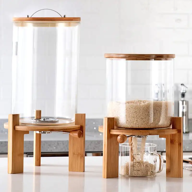 Jarra de vidro para arroz de cozinha minimalista nórdica e tampa de madeira de bambu, jarra de vidro para armazenar alimentos com grande capacidade