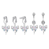 Anneaux de nombril pendantes Papillon Lune Planète en acier inoxydable plaqué argent avec clip CZ, bijoux de nombril pour mariage