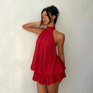 Robe bouffante unie style streetwear pour femme, coupe trapèze ajustée, dos nu sexy, col licou, taille nouée, transfrontalière Europe-Amérique - Product Image 2