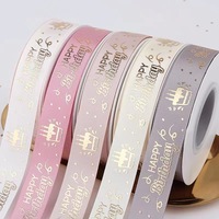 Pita Polyester 2.5CM*45Y Motif Happy Birthday, Pita Cetak Hot Stamping untuk Toko Bunga dan Hadiah