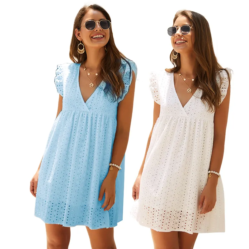 MOTE-ZC653 High Quality Casual Short Dress Women Summer Cotton Black Ruffle Sleeve Dress Deep v Neck White Lace Dress