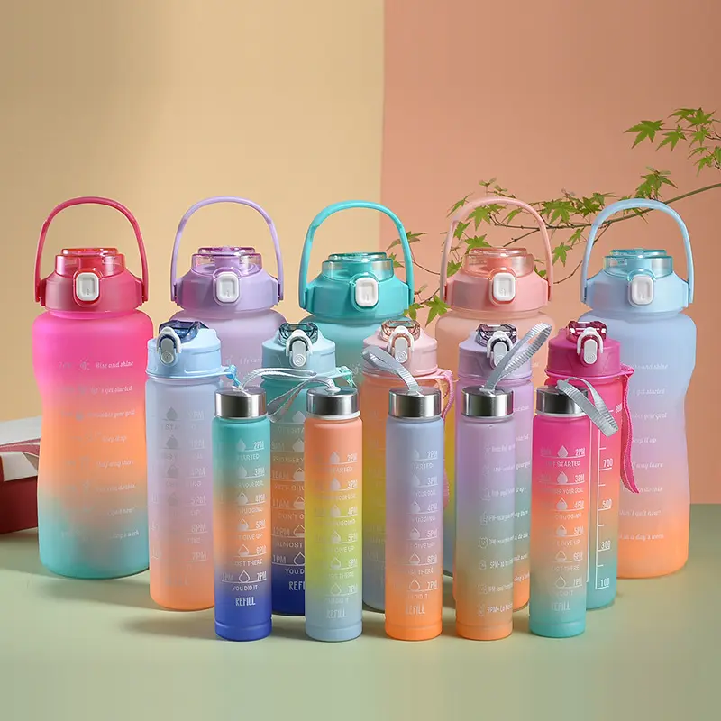 Bottiglie di plastica per bevande da corsa Juego De Botellas De Agua Set Pc 3 pezzi bottiglia d'acqua motivazionale con coperchio in paglia