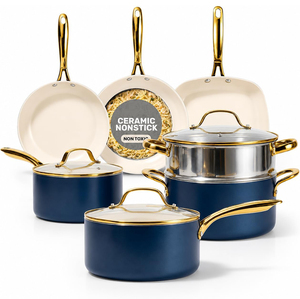 High Quality <b>Ceramic</b> Coated Non-Stick <b>Pots</b> Pans Gold Stainless Steel Handle 12-Piece Blue Aluminum Induction Cookware Set - Product Image 1