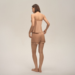 Ensemble de pyjama en satin pour femmes PJ-1438, short et camisole, brun clair et blanc, polyester fin, vêtements de nuit, vêtements de détente, deux pièces, décontracté, pour la maison et l'hôtel - Product Image 4