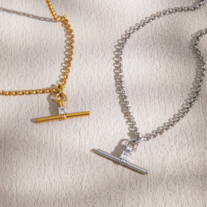 Minimalist <b>T</b> <b>Bar</b> Pendant <b>Necklace</b> With Princess Cut Diamond Rhodium Plated Stainless Steel Chain Unisex Everyday Jewelry - Product Image 2