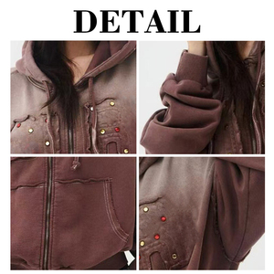 Sudadera con Capucha KingSen de Alta Calidad para Invierno, Unisex, con Cierre, Diseño Desgastado, Pedrería Bordada, Lavado Ácido, Felpa Francesa, 100% Algodón - Product Image 6