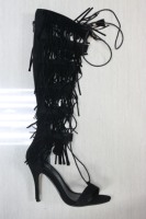 Bottes de cow-boy en daim pour femmes, chaussures à franges à lacets et franges, chaussures à talons hauts de marque, sandales à talons