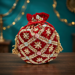 Red Velvet Circular Potli <b>Bag</b> With Floral Embroidery Tassel Drawstring Closure For Evening Party - Product Image 3