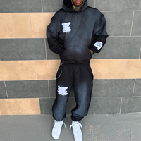 Ensemble de survêtement 2 pièces US sans taxes douanières, style jogger, avec appliqué vieilli et délavé à l'acide, comprenant un sweat à capuche et un pantalon de jogging
