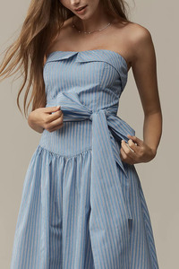 เดรสผู้หญิงแบบไม่มีสายคล้องไหล่ ลายทาง ความยาวปานกลาง ผ้าฝ้าย เอวสูง ทรงเอไลน์ พร้อมโบว์ผูกสไตล์ฝรั่งเศส แบบไม่มีแขน - Product Image 2