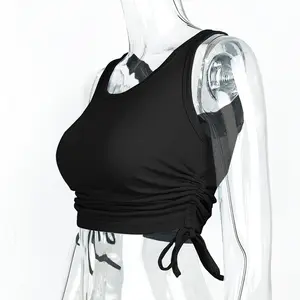 Women's Sleeveless Shirt Ribbed Drawstring Side Ruched Scoop Neck Basic Crop Tank Top