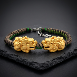 Pixiu Charm <b>Bracelet</b> 925 Sterling Silver Gold Plated Bicolore Wax String Adjustable Vintage Gift - Product Image 3