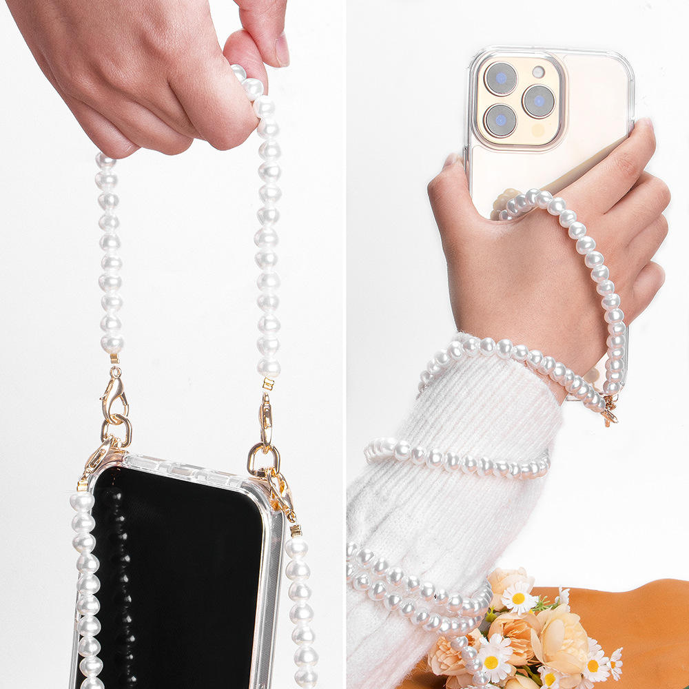 Cáscara del teléfono móvil + gancho giratorio Cadena de perlas cortas