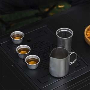 طقم شاي من الفولاذ المقاوم للصدأ 304 للاستخدام الخارجي، مجموعة محمولة لصنع الشاي أثناء السفر والتخييم وشرب الشاي والطهي على الموقد، أدوات وأكواب الشاي - Product Image 3