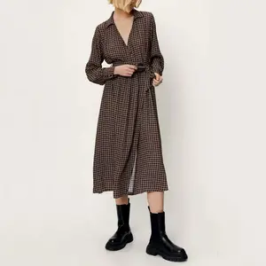 Women's Blend Autumn Solid Color Plaid Print Fashion Lapel Lapel Long Sleeves Casual Ladies Tunic Midi Dress