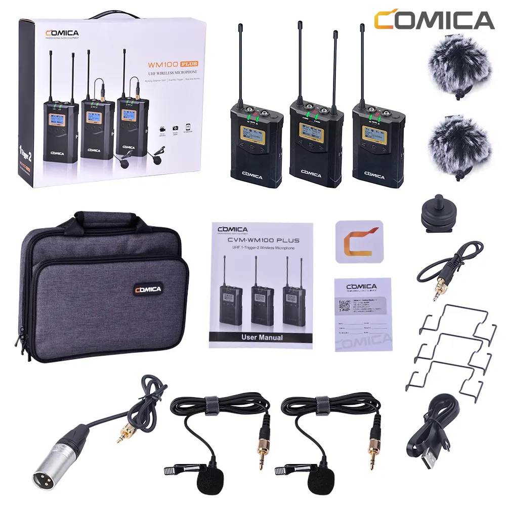 Dual Lavalier Microphone Comica CVM-WM100 PLUS UHF 48-Channel Light-weight Microphone Lattice LCD Display High Resolution