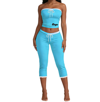 Conjuntos de Ropa de Verano de 2 Piezas para Mujer, Top Tubo sin Tirantes y Pantalones Capri Elásticos, Conjunto Casual Cómodo para Vacaciones en la Playa