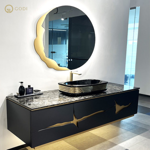 Mueble de Baño GODI Negro y Dorado con Lavabo Individual y Espejo, Moderno, de Lujo, Montado en la Pared - Product Image 1