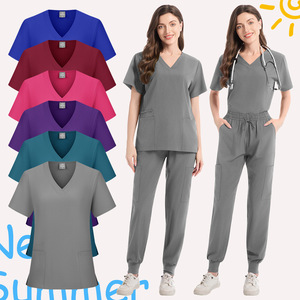 Women's Cotton Scrub Set Short Sleeve V Neck Moisture Wicking Hospital Uniforms For Medical Beauty Dental Workwear Split Design - Product Image 5