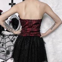 Corsé corto de encaje floral rojo y negro para mujer, estilo gótico victoriano, con volantes y lazo frontal, cierre de busk.