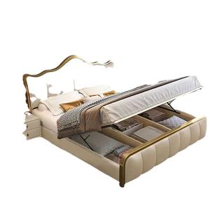 Estructura de cama de madera maciza de tamaño Queen de lujo moderno con cabecero tapizado de cuero de lujo, cama con panel para dormitorio - Product Image 1