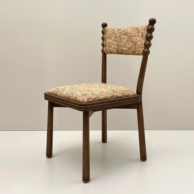 Walnut Solid Bobbin Back Dining Chair Boucle Fabric Soft Cushion Retro Home Cafe Kitchen Restaurant Hotel Indoor Decor Furniture